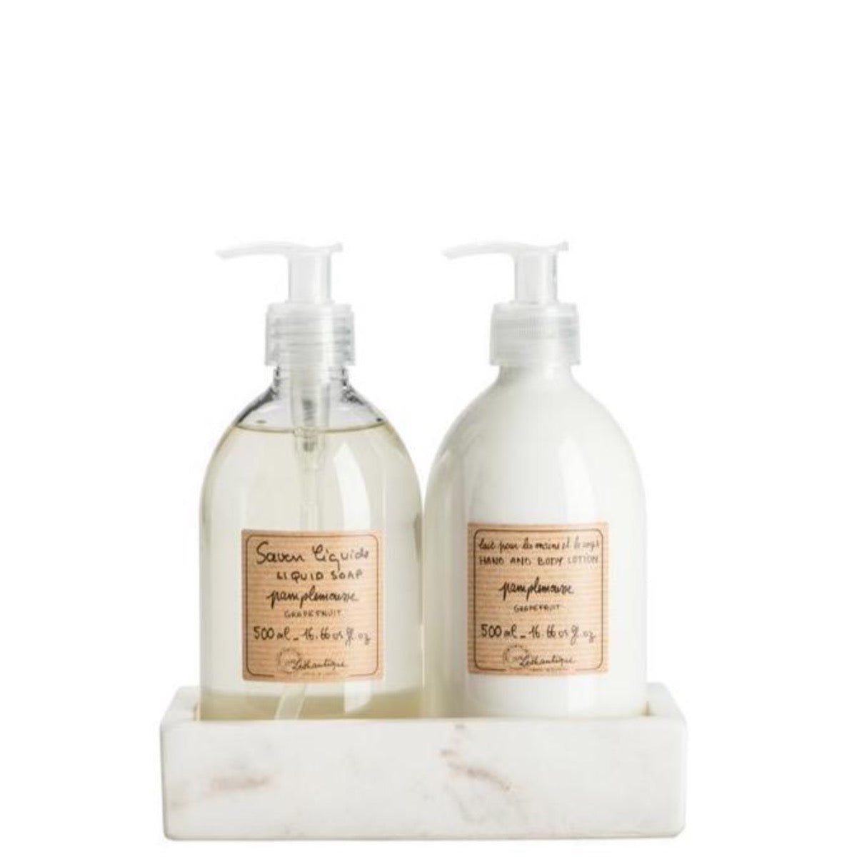 Rectangle Marble Tray - Small styled with soap and lotion. Styled view.