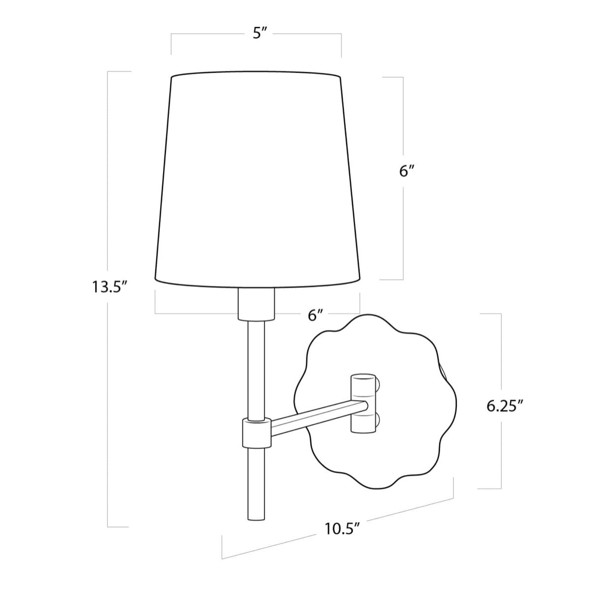Robin Swing Arm Sconce with dimensions. Dimension view.