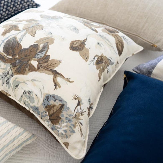 Royal Velvet Pillow - Navy styled with brown floral pillows. Styled view. 