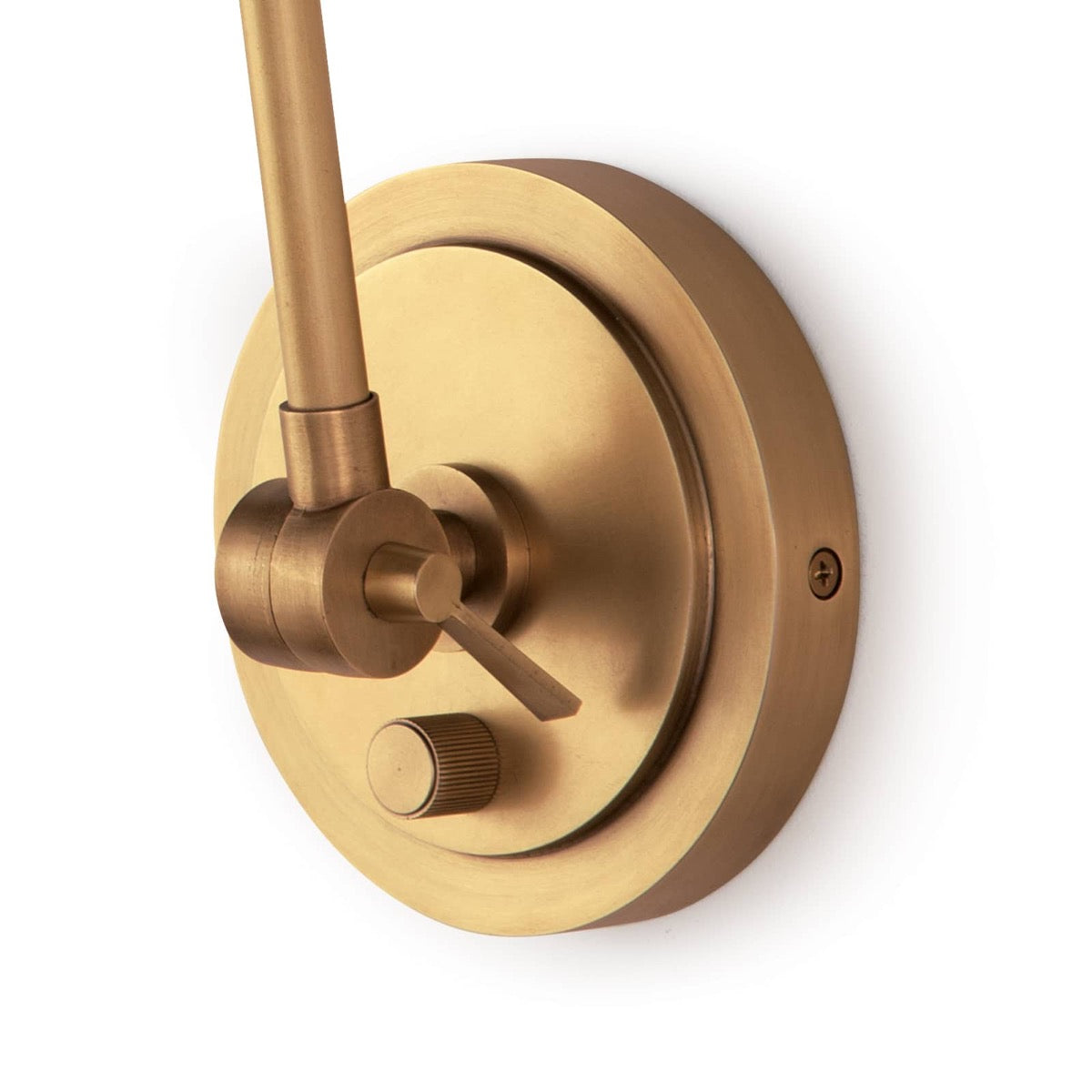 Sal Task Sconce Natural Brass base. Detail view.