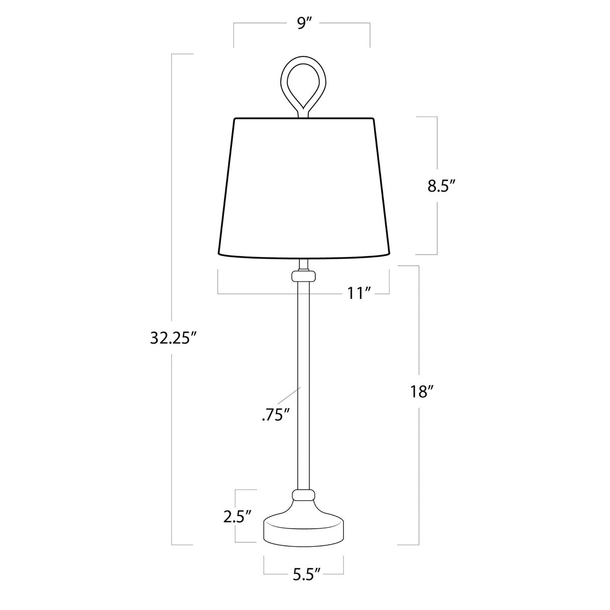 Bimini Buffet Lamp with dimensions. Dimension view.