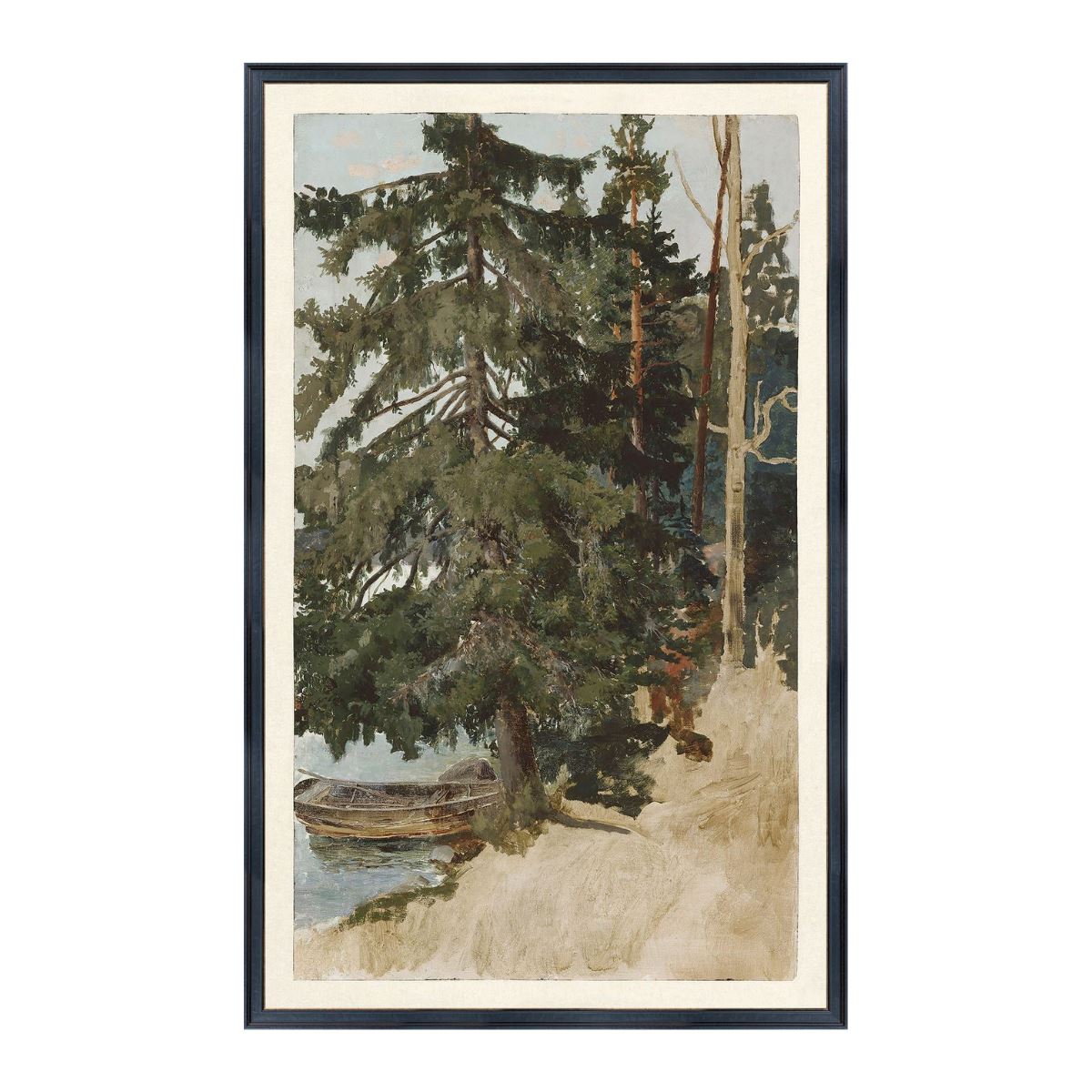 Treescape with dark brown frame. Framed art. Front view.