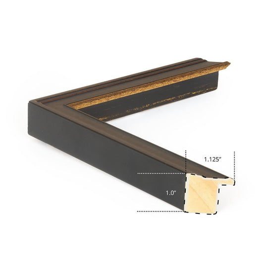 Black and gold frame. 1.125" wide. 1" thick. Close-up detail view.