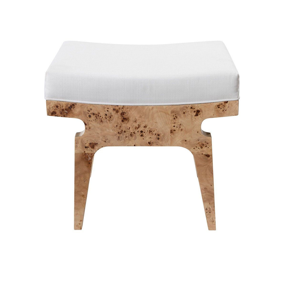 Walton Stool Glossy Burl Wood | White Linen. Front view.