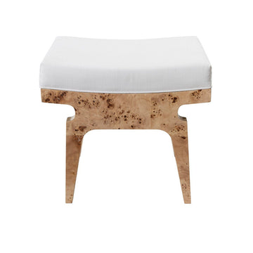 Walton Stool Glossy Burl Wood | White Linen. Front view.