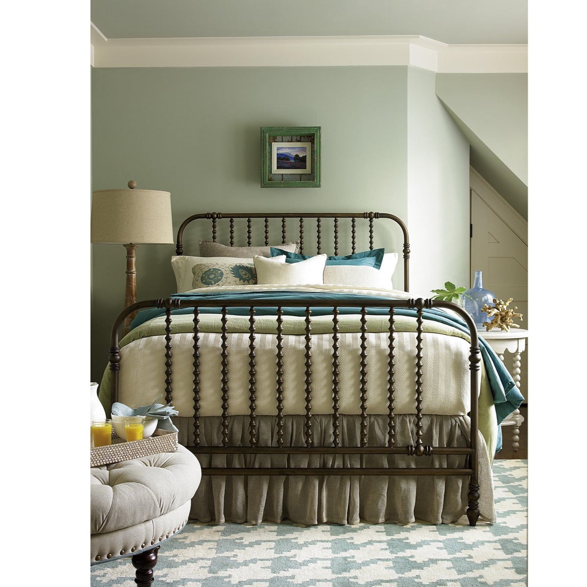 Weslie Bed Frame - King styled in a blue and green bedroom. Style view.