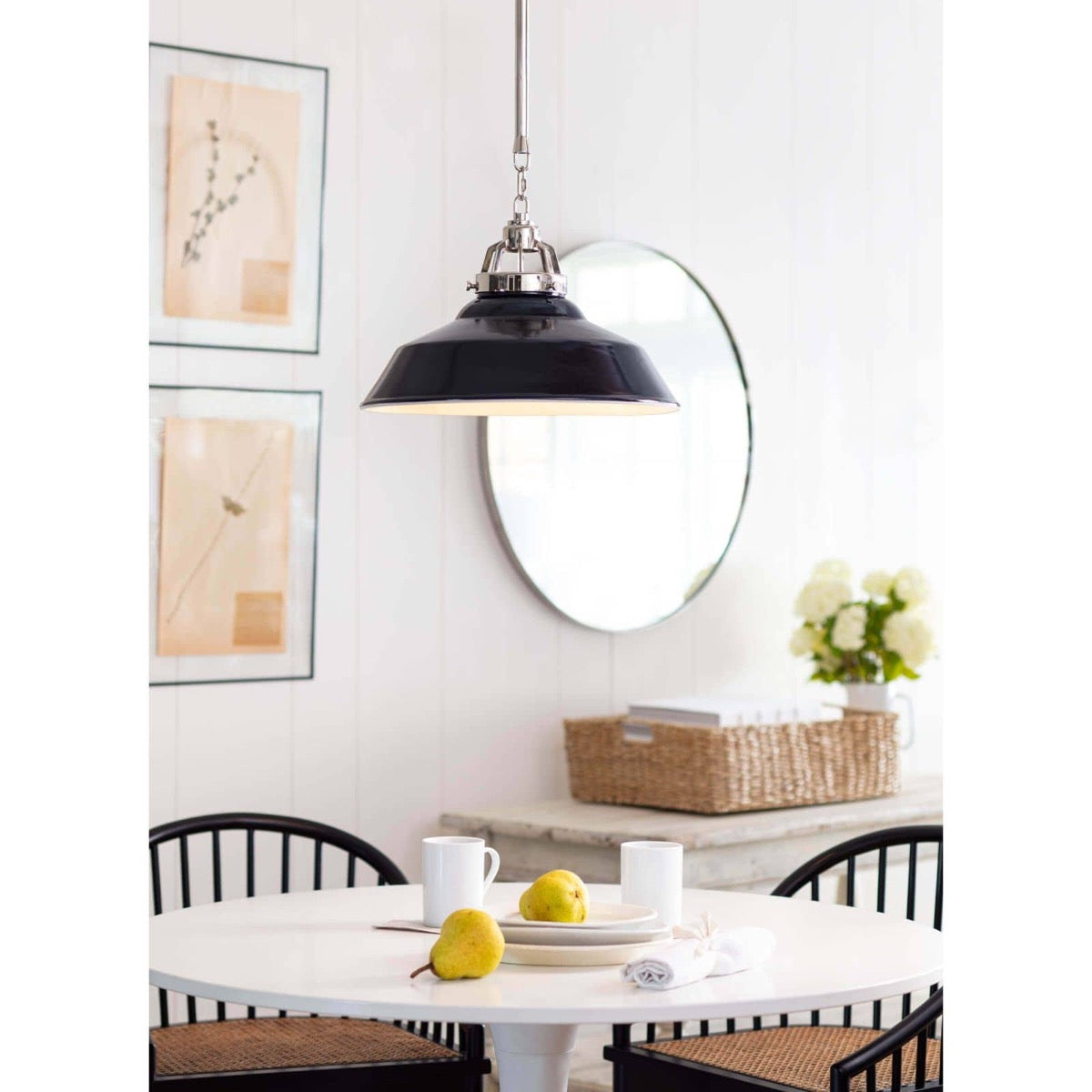 Maine Ceramic Pendant - Large styled over a white dining table with black chairs. Styled view.