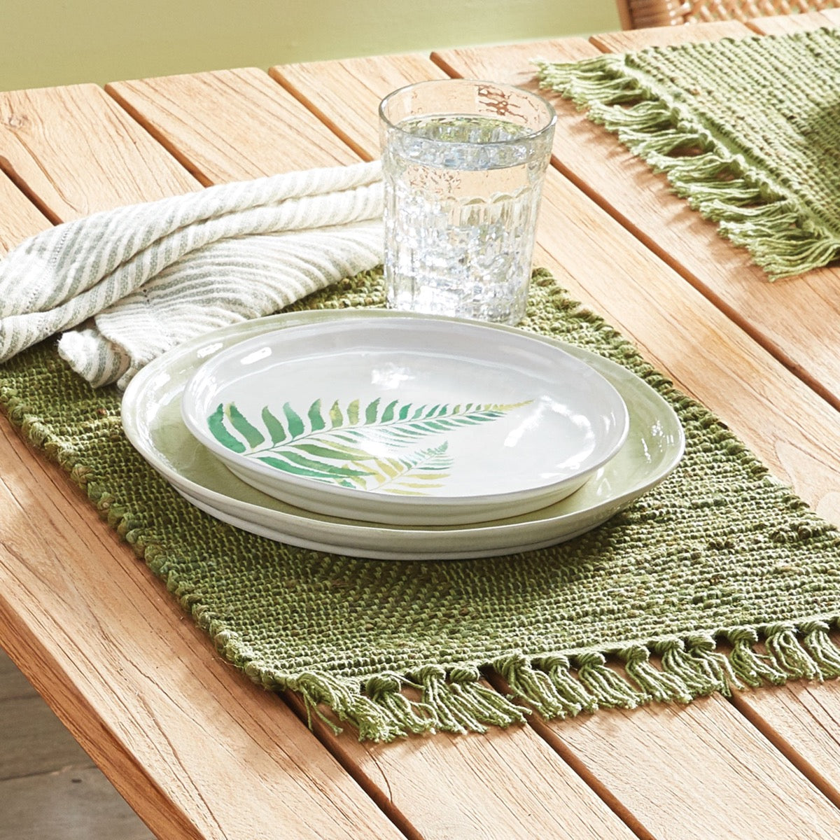Woven Fringe Placemat - Green. Top view.